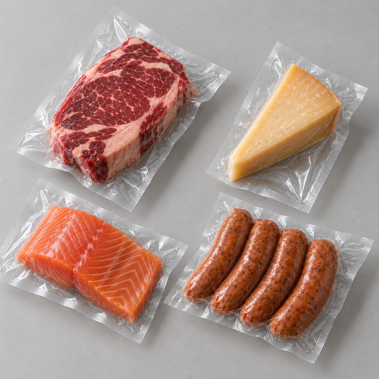 Steak, salmon, cheese and sausages in clear, unlabeled barrier packaging