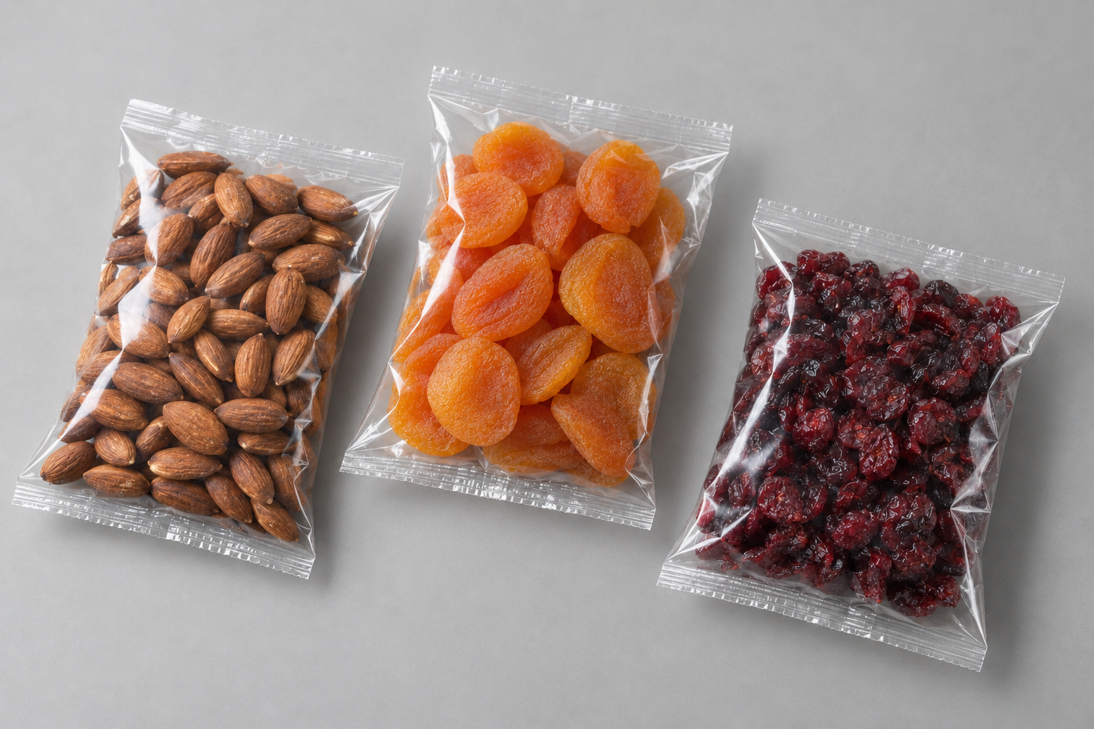 Nuts and dried fruit in clear, unlabeled pouches